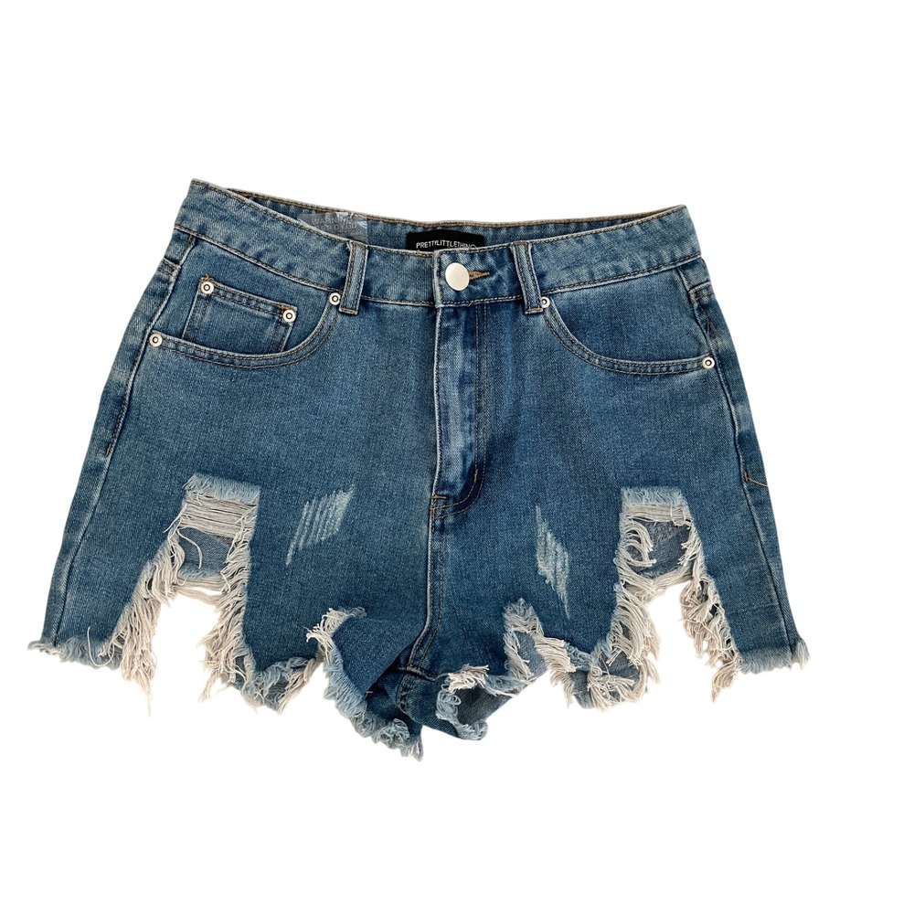 PrettyLittleThing Womens High Waisted Distressed Denim Shorts Blue Size 10 Edgy